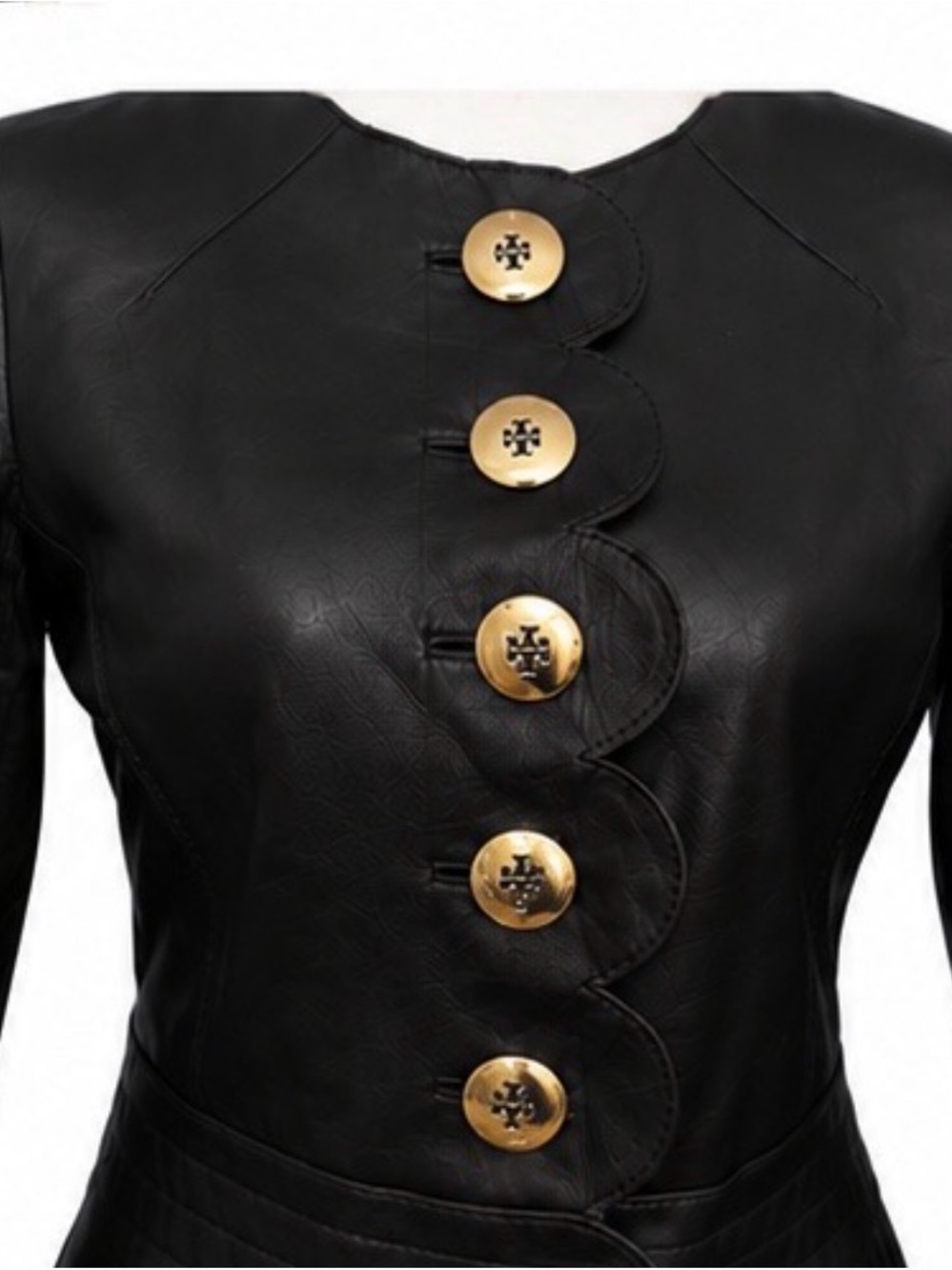Tory Burch Black Leather Scalloped Jacket with Gold Logo Buttons - Picture 5 of 7